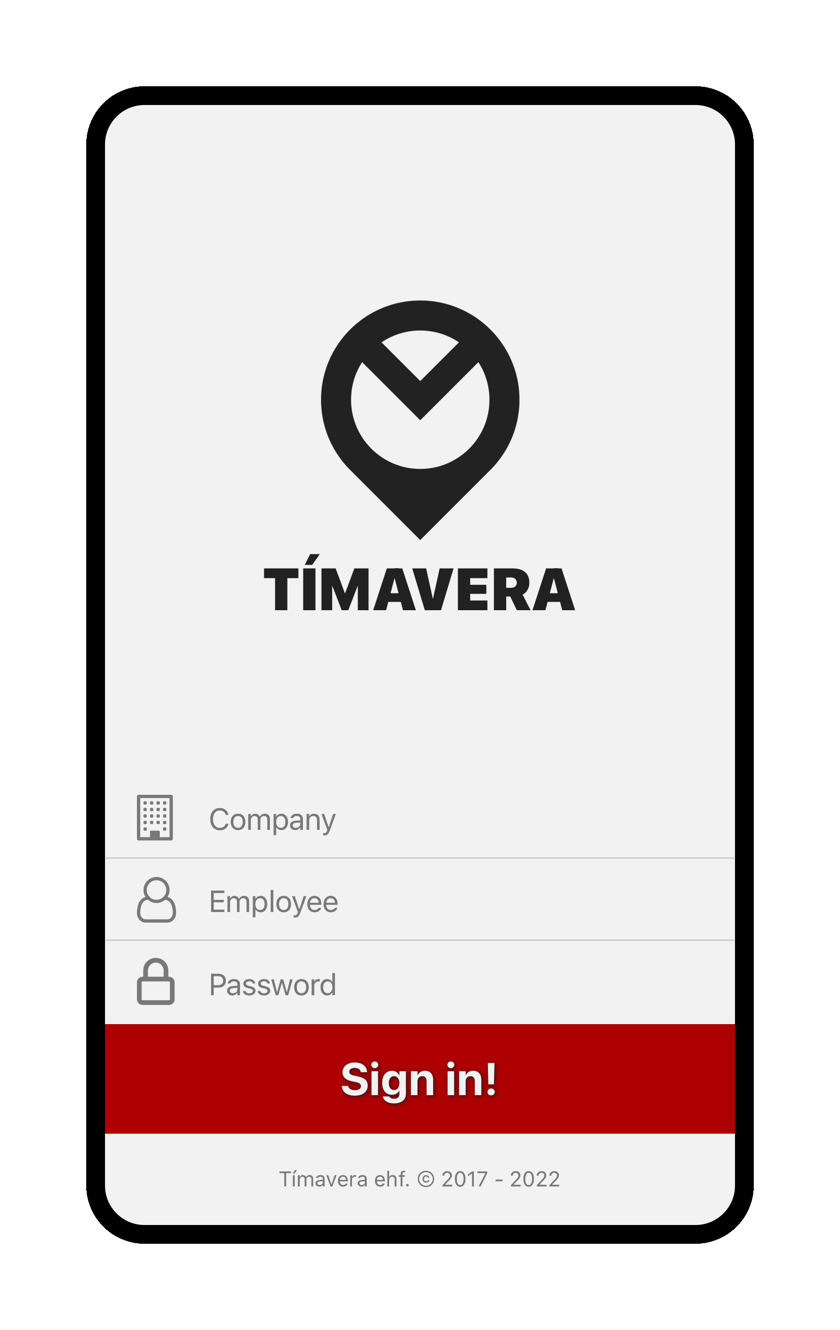 Screenshot of the login screen in the Tímavera app. Inputs for company name, employee username and password. Red sign in button.